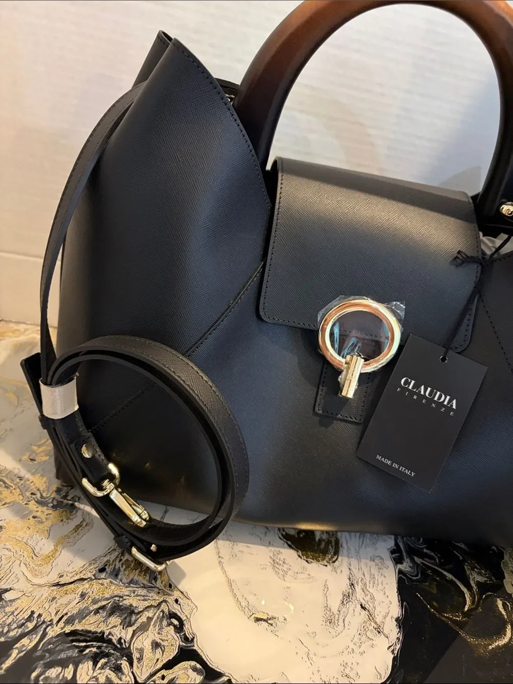 Claudia Firenze LeatherBlack Wooden Top-Handle Tote
